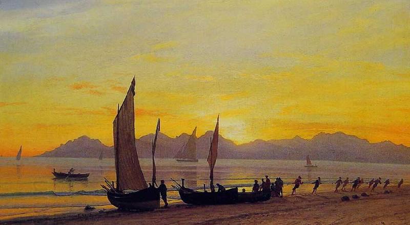 Albert Bierstadt Boats Ashore at Sunset